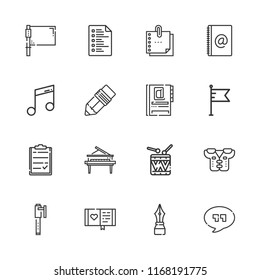 Collection of 16 note outline icons include icons such as agenda, flag, list, pads, pen, sticky note, diary, piano, music, drums, quotes