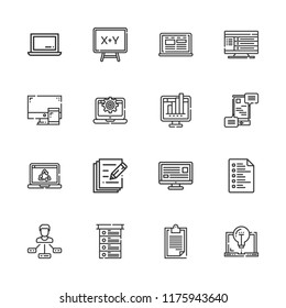 Collection of 16 notebook outline icons include icons such as computer, laptop, list, tasks, clipboard, board, communications