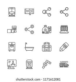 Collection of 16 objects outline icons include icons such as dominoes, bath, chemistry, share, bag, train, pen, diary, radio, ice cream machine, test tubes