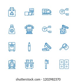 Collection of 16 objects outline icons include icons such as pen, test tube, shopping bag, money bag, sharing, train, ice cream machine, bag, domino