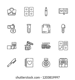 Collection of 16 objects outline icons include icons such as money bag, pen, test tube, diary, shopping bag, train, bag, domino
