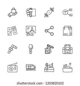 Collection of 16 objects outline icons include icons such as dominoes, bath, chemistry, shopping bag, radio, share, bag, test tube, train, tissues, domino, sharing