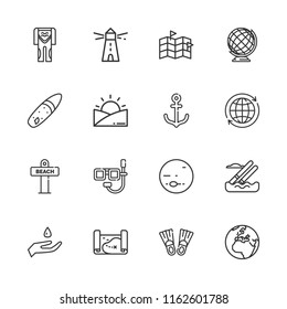 Collection of 16 ocean outline icons include icons such as drop, world, landscape, lighthouse, diving suit, surf, water skiing, map, dive, earth globe, beach, anchor, flippers