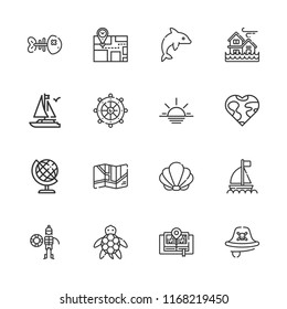 Collection of 16 ocean outline icons include icons such as earth globe, sunset, dolphin, turtle, seashell, rudder, boat, pirate, lifeguard, map, fishbone