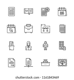 Collection of 16 office outline icons include icons such as calculator, suit, file, document, office, employee, briefcase, stamp, folder, calendar, diary, pencil case