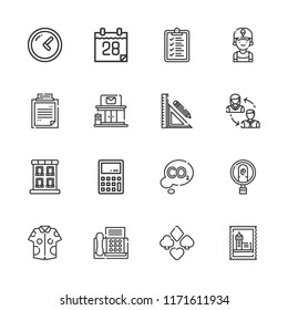 Collection of 16 office outline icons include icons such as building, suit, list, identification, calculator, shirt, clerk, clock, co, employees, fax, post office, clipboard