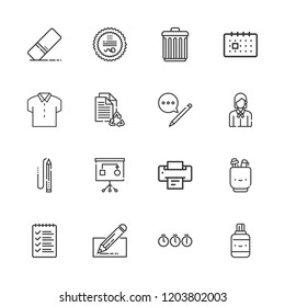 Collection of 16 office outline icons include icons such as list, trash can, calendar, pencil, printer, file, employee, time, stamp, eraser, edit, shirt, correction fluid