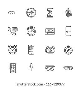 Collection of 16 old outline icons include icons such as telephone, smartphone, fridge, alarm clock, compass, cassette, sword, recorder, chronometer, glasses, sunglasses
