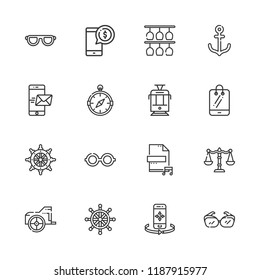 Collection of 16 old outline icons include icons such as smartphone, compass, sunglasses, tram, audio file, rudder, glasses, anchor, eyeglasses, balance