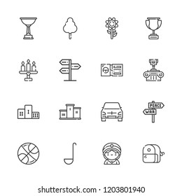 Collection of 16 one outline icons include icons such as panel, podium, basketball, station wagon, ladle, ticket, trophy, cotton candy, seer, candle, sharpener