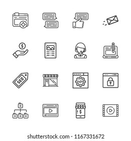 Collection of 16 online outline icons include icons such as chat, telemarketer, browser, payment, seo, poster, online shop, video, video player, message, blog, sitemap