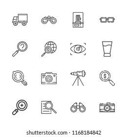 Collection of 16 optical outline icons include icons such as search, zoom in, binoculars, vision, telescope, glass, loupe, eyeglasses, photo camera, side view