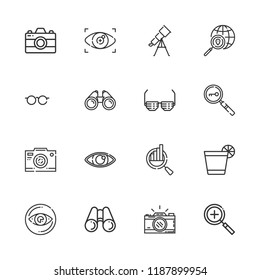 Collection of 16 optical outline icons include icons such as photo camera, binoculars, search, sunglasses, glasses, vision, glass, telescope, zoom in, eye