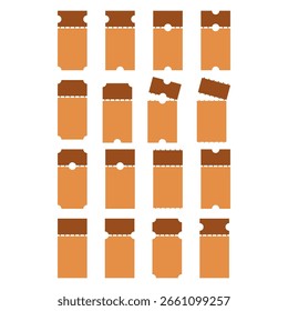 Una colección de 16 diseños de boletos planos naranjas y marrones con varios recortes y Formas fronterizas. Perfecto para gráficos de eventos, Cupones o temas retro.