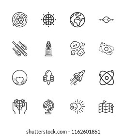 Collection of 16 orbit outline icons include icons such as earth grid, atomic, planet earth, map, spaceship, globe, atoms, asteroids, astronaut, eclipse, meteorites, planet