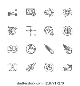 Collection of 16 orbit outline icons include icons such as planet earth, asteroid, earth, eclipse, moon rover, space shuttle, atom, map, earth grid, gym station