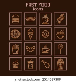 Collection of 16 outline fastfood icons. Takeaway and delivery food. Pizza,cupcake,donut,burger,soda,coffee,tea,popcorn, fries,ice-cream, chicken.Vector illustration in brown tones.