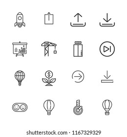 Collection of 16 up outline icons include icons such as startup, positive and negative, download, next, upload, crane, lift, speedometer, hot air balloon, growth, balloon