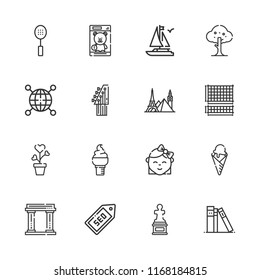Collection of 16 collection outline icons include icons such as seo, worldwide, landmark, museum, plant, slotted spoon, guitar, toy, ice cream, grid, boat, sculpture, tree