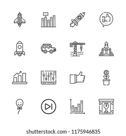 Collection of 16 up outline icons include icons such as bar chart, startup, rocket launch, balloon, next, jeep, growth, like, fragile, rising, crane