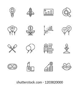 Collection of 16 up outline icons include icons such as positive and negative, research, growth, increase, paddles, hot air balloon, balloons, startup, lipstick, bar chart