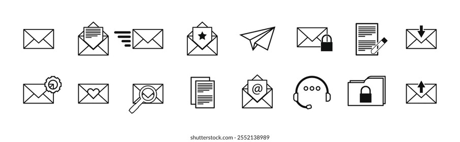 Uma coleção de 16 ícones de estrutura de tópicos relacionados ao email. Ícones editáveis.