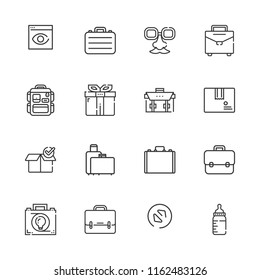 Collection of 16 pack outline icons include icons such as package, suitcase, briefcase, backpack, browser visualization, diagonal enlarge, suitcases, milk, gift