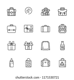 Collection of 16 pack outline icons include icons such as parcel, suitcase, milk, gift, briefcase, present, paper bag, backpack