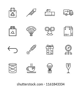 Collection of 16 package outline icons include icons such as shopping bag, delivery, fragile, truck, chocolate, fireworks, return, distribution, parachuting, milk, tissue box