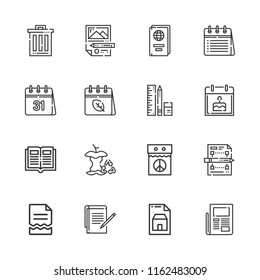 Collection of 16 paper outline icons include icons such as file, notes, calendar, newspaper, documents, waste, passport, open book, school material, planning