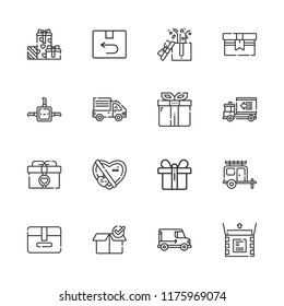 Collection of 16 parcel outline icons include icons such as delivery truck, return, gift, package, van, box, gifts