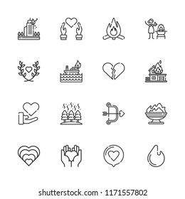 Collection of 16 passion outline icons include icons such as heart, broken heart, love, fire, cupid