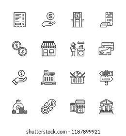 Collection of 16 payment outline icons include icons such as receipt, money, cashier, payment, shop, sign, credit card, atm, bill, coin, bank, supermarkets, online shopping