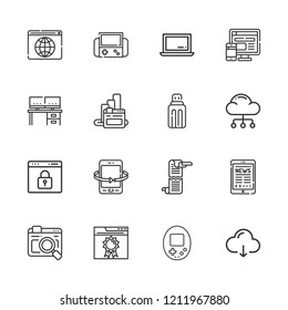 Collection of 16 pc outline icons include icons such as browser, cloud computing, browsers, computer, tablet, desk, laptop, scroll, video games, console