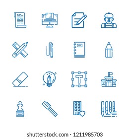 Collection of 16 pencil outline icons include icons such as pen, edit, office, graphic design, text formatting, pencil, school, artist, creative, brushes, sculpture, notebook