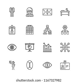 Collection of 16 people outline icons include icons such as desk, customer, network, waitress, virus, id card, loss, office, presentation, girl, suit, basketball court, rugby