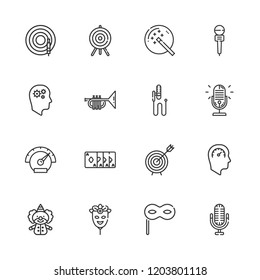 Collection of 16 performance outline icons include icons such as target, clown, microphone, eye mask, productivity, speedometer, mic, dart, magic wand, trumpet, mask