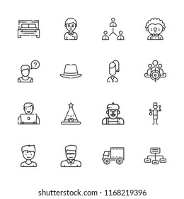 Collection of 16 person outline icons include icons such as networking, operator, staff, boy, educator, audience, bed, hat, student, network, artist, clown, user