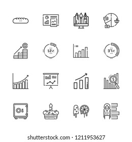 Collection of 16 pie outline icons include icons such as stats, increase, bar chart, percentage, pie chart, statistics, graphic, cake, baguettes, sweets, safebox