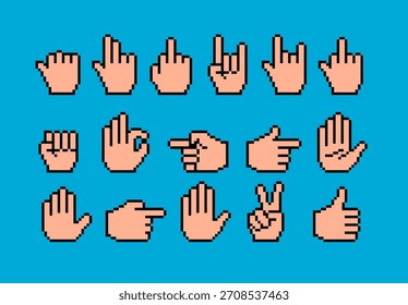 Colección de 16 gestos de mano pixel-art en estilo clásico de 8 bits. Ilustración vectorial conceptual para emojis retro, punteros de cursor, comunicación digital y cultura de juego vintage.