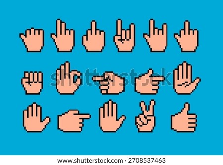 Collection of 16 pixel-art hand gestures in classic 8-bit style. Conceptual vector illustration for retro emojis, cursor pointers, digital communication and vintage gaming culture.