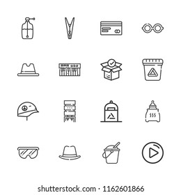 Collection of 16 plastic outline icons include icons such as credit card, recycle bin, clothespin, liquid soap, helmet, play button, hat, glasses, package, bottle, waste