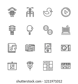 Collection of 16 play outline icons include icons such as doll, tactics, ping pong, tricycle, duck, vinyl player, guitar, mask, play button, audiobook, music player