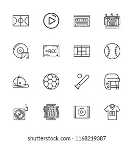 Collection of 16 player outline icons include icons such as foosball, rec, video player, play button, baseball bat, baseball, basketball court, hockey, polo, tennis court, dj
