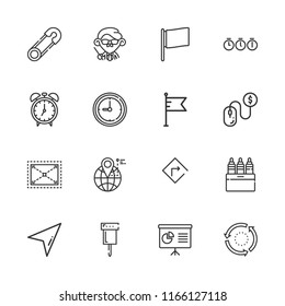 Collection of 16 pointer outline icons include icons such as presentation, alarm clock, pay per click, flag, time, turn right, pin, teacher, expand, clock, repeat, markers