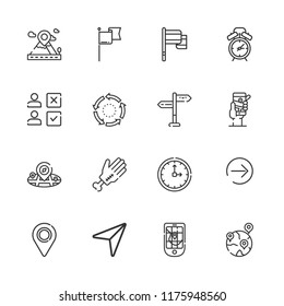 Collection of 16 pointer outline icons include icons such as cursor, alarm clock, flag, clock, next page, hand, location, repeat, placeholder, gps, choice, directions