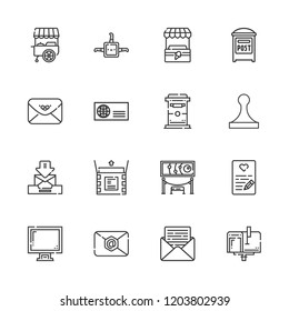 Collection of 16 post outline icons include icons such as email, post, postage, love letter, stand, box, unboxing, exhibition, display, mailbox, envelope