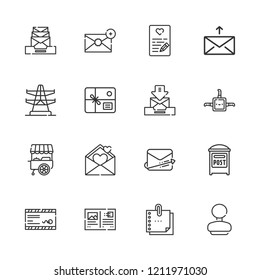 Collection of 16 post outline icons include icons such as parcel, post, mail, mailing, postcard, sticky note, email, love letter, electric tower, stand, box