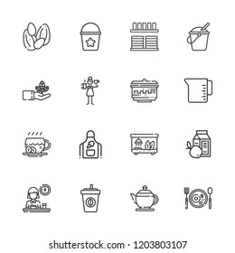 Collection of 16 pot outline icons include icons such as coffee, barista, bucket, sprout, measuring cup, seeds, apron, terrarium, breakfast, crockery, teapot