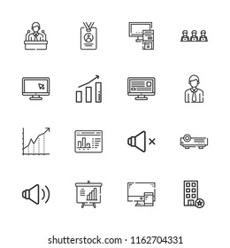Collection of 16 presentation outline icons include icons such as computer, press card, statistics, speaker, speakers, office, stats, employee, presentation, diagram